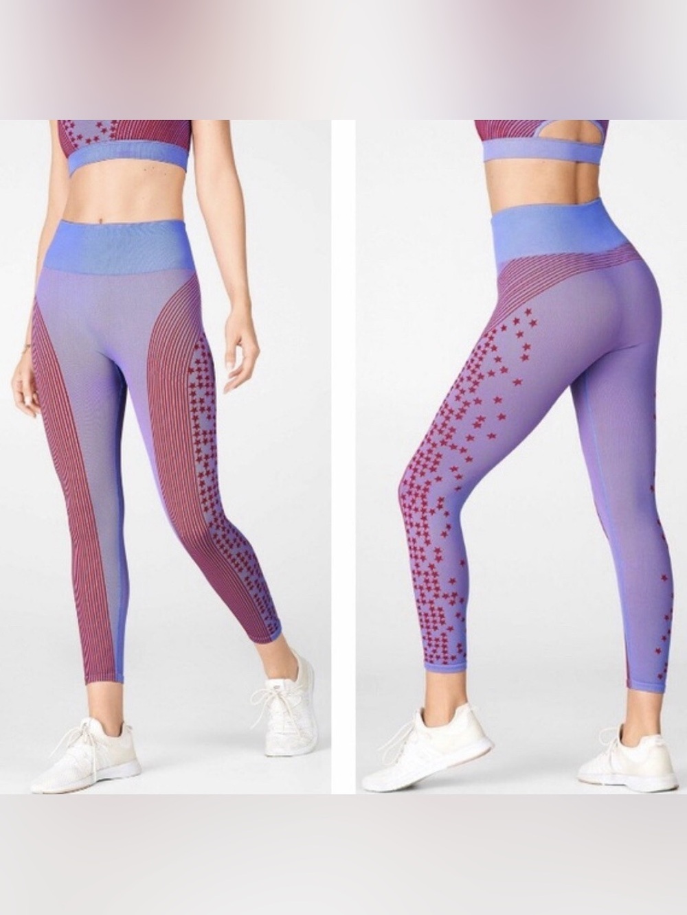 Fabletics Star Capri Legging Sporty Chic Stripes Blue Red Medium 21” Seamless